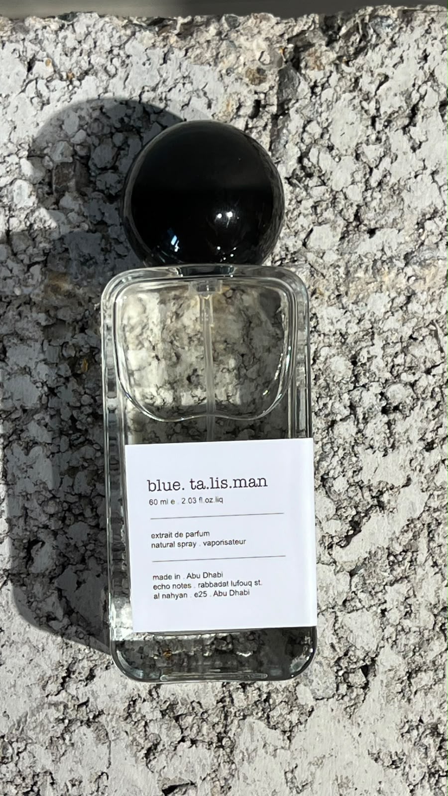 Echo Notes Blue Talisman perfume bottle surrounded by fresh pear, bergamot citrus, ginger root, and modern woody notes.