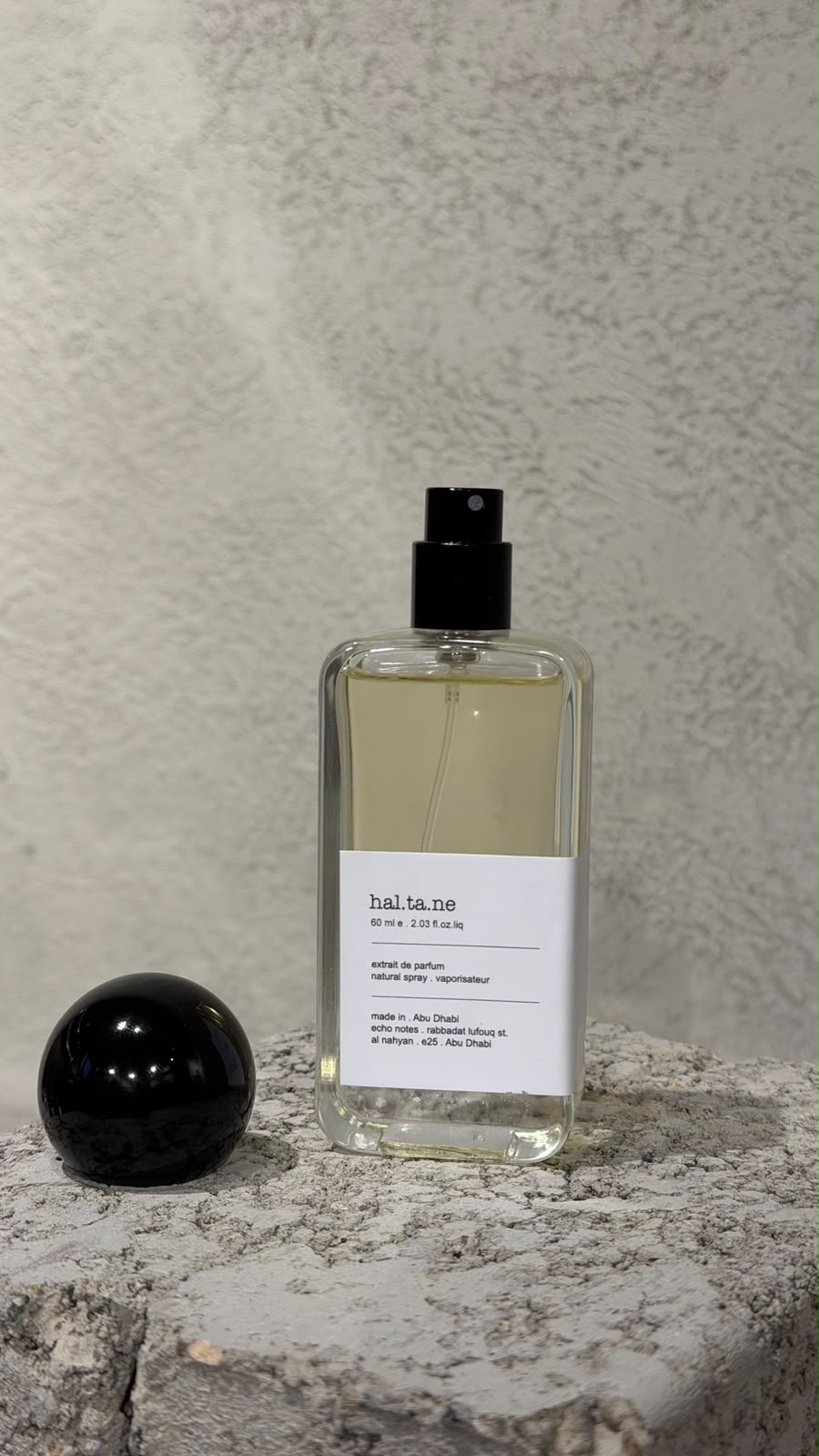 Echo Notes Haltane perfume bottle showcasing a luxurious blend of lavender, saffron, praline, and dark agarwood oud.