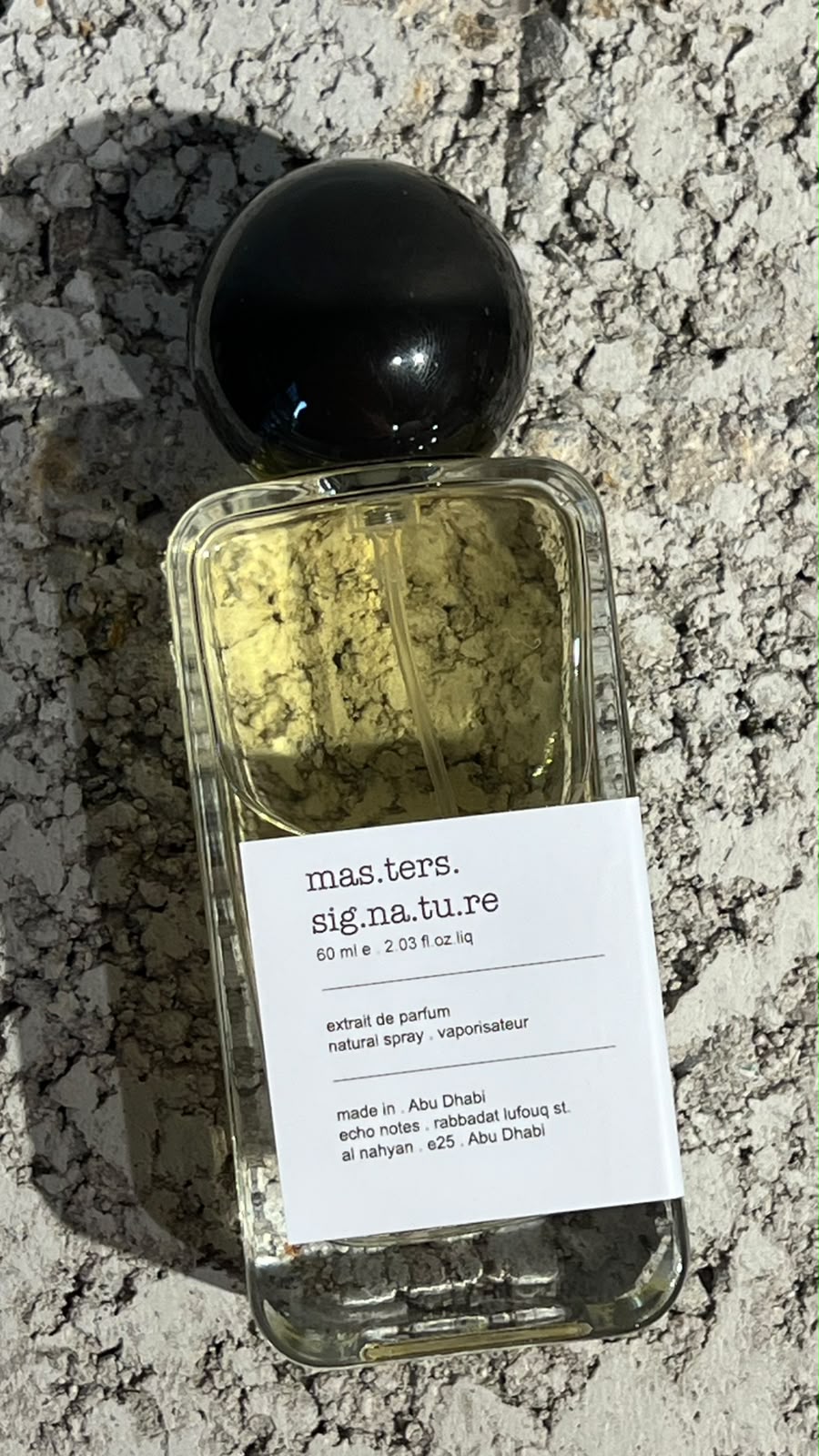 Echo Notes Masters Signature perfume bottle surrounded by cardamom pods, fresh mango chunks, olibanum tears, and golden caramel.