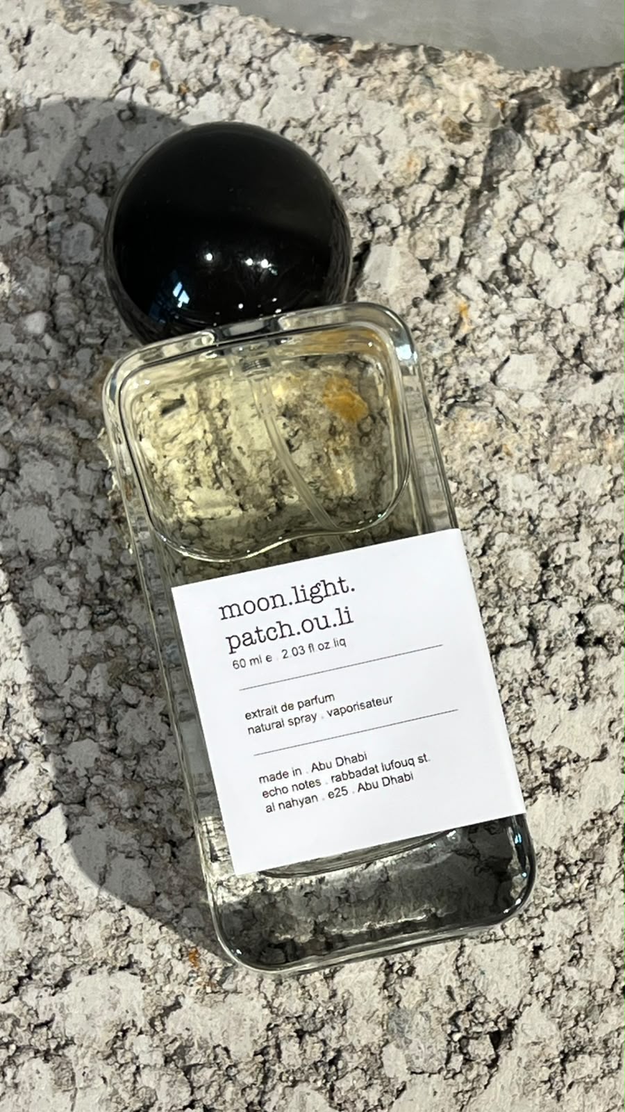 Echo Notes Moonlight Patchouli perfume bottle surrounded by deep patchouli leaves, dark cacao, and supple suede leather.