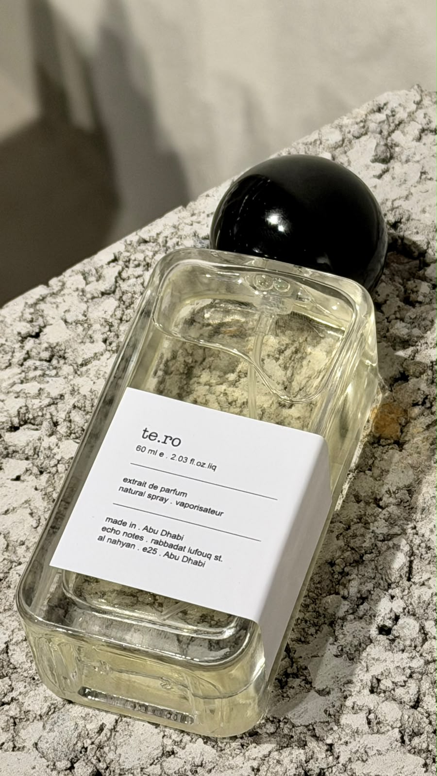 Echo Notes Tero perfume bottle surrounded by salted caramel, spicy black pepper, warm cinnamon, and dark oak wood.